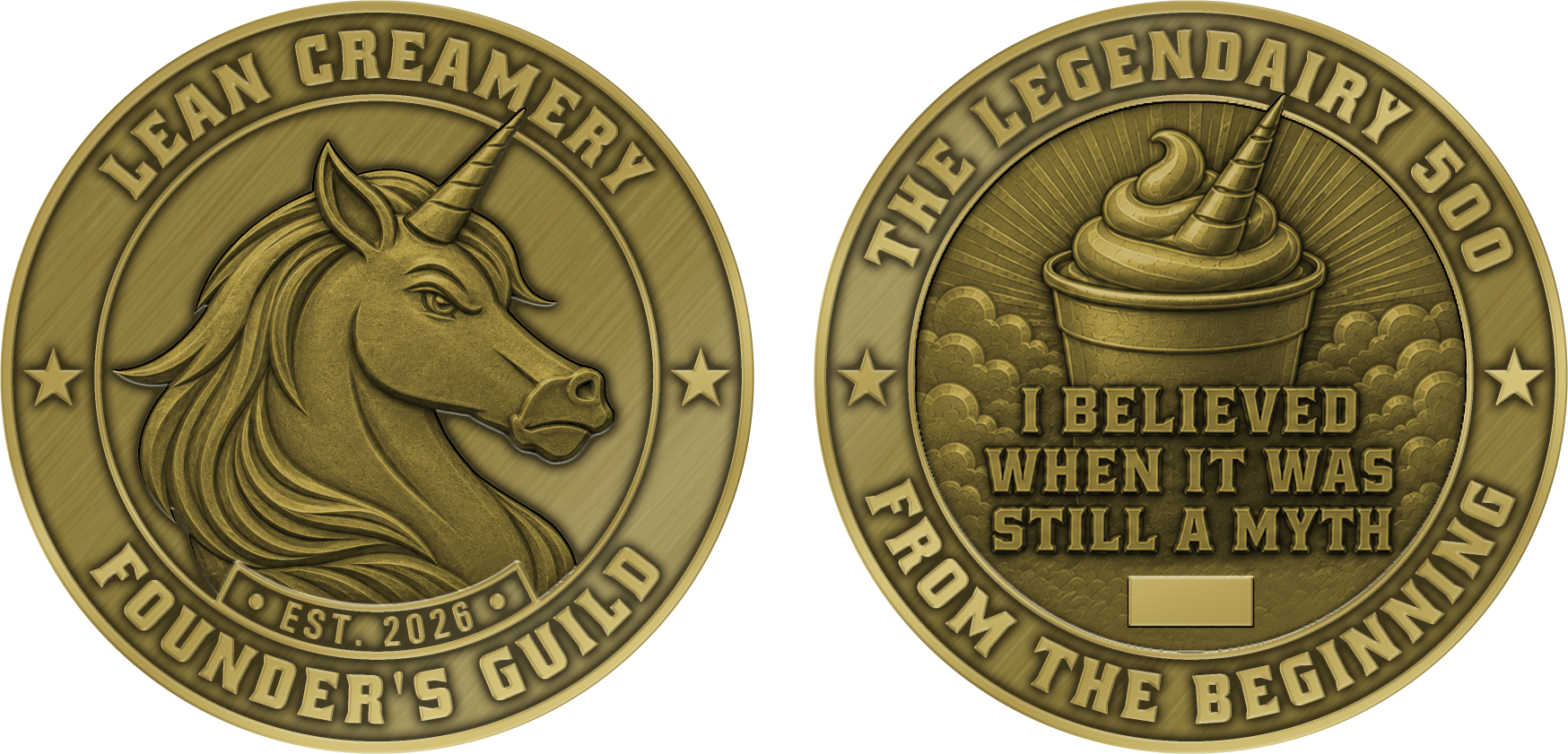 Front and back rendering of the Lean Creamery Founder’s Guild coin