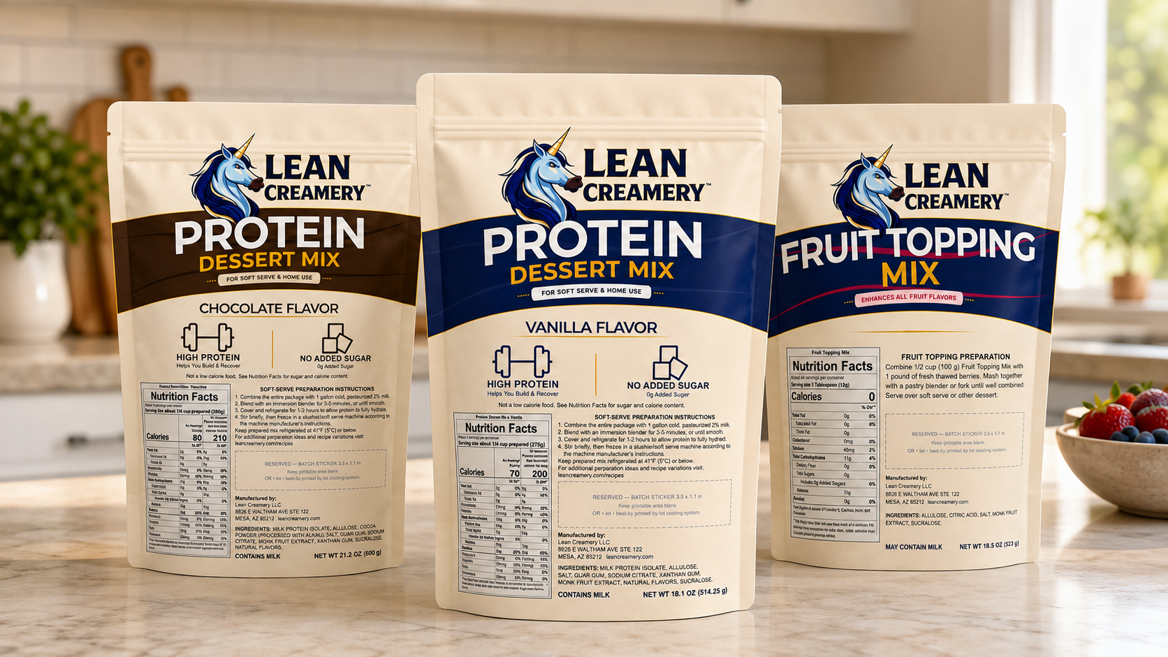 Lean Creamery Vanilla and Chocolate Protein Dessert Mix and Fruit Topping Mix product lineup